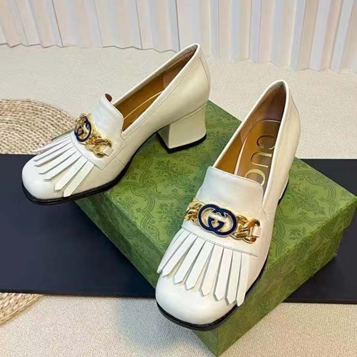 Gucci Women GG Interlocking G Mid-Heel Pump White Leather Enameled Interlocking G Chain