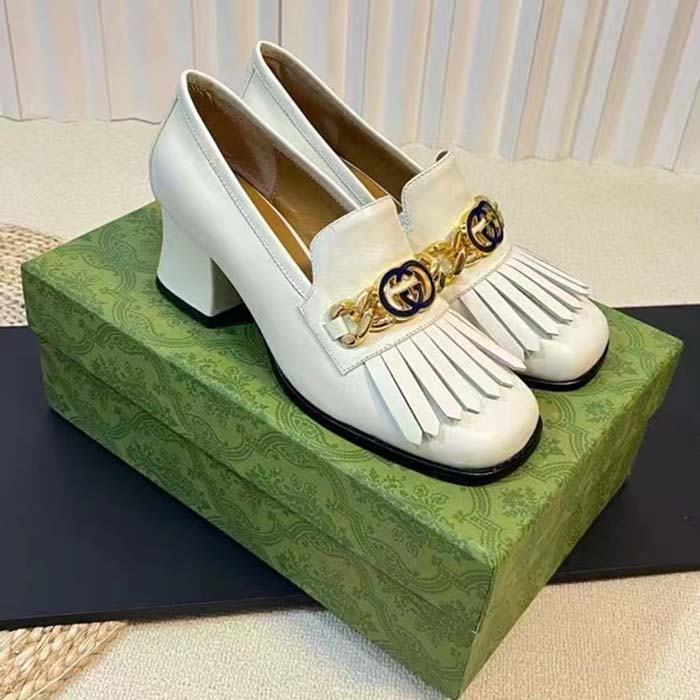 Gucci Women GG Interlocking G Mid-Heel Pump White Leather Enameled Interlocking G Chain