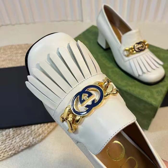 Gucci Women GG Interlocking G Mid-Heel Pump White Leather Enameled Interlocking G Chain