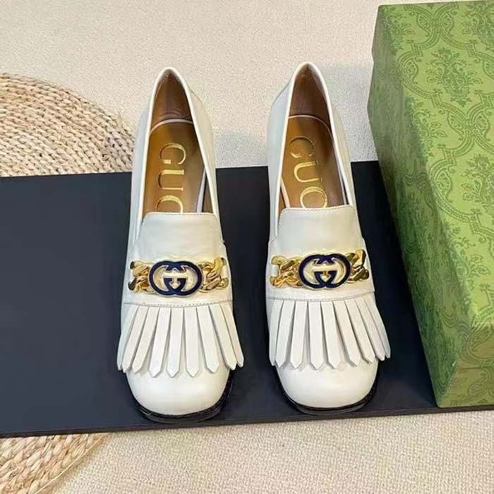 Gucci Women GG Interlocking G Mid-Heel Pump White Leather Enameled Interlocking G Chain