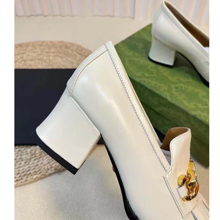 Gucci Women GG Interlocking G Mid-Heel Pump White Leather Enameled Interlocking G Chain