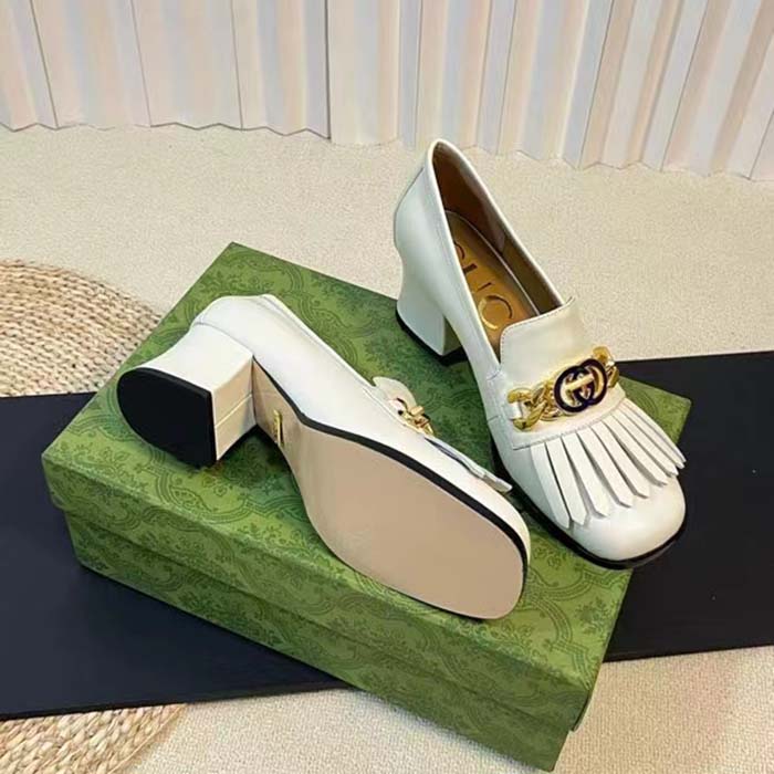 Gucci Women GG Interlocking G Mid-Heel Pump White Leather Enameled Interlocking G Chain