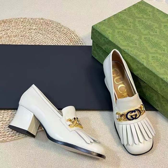 Gucci Women GG Interlocking G Mid-Heel Pump White Leather Enameled Interlocking G Chain