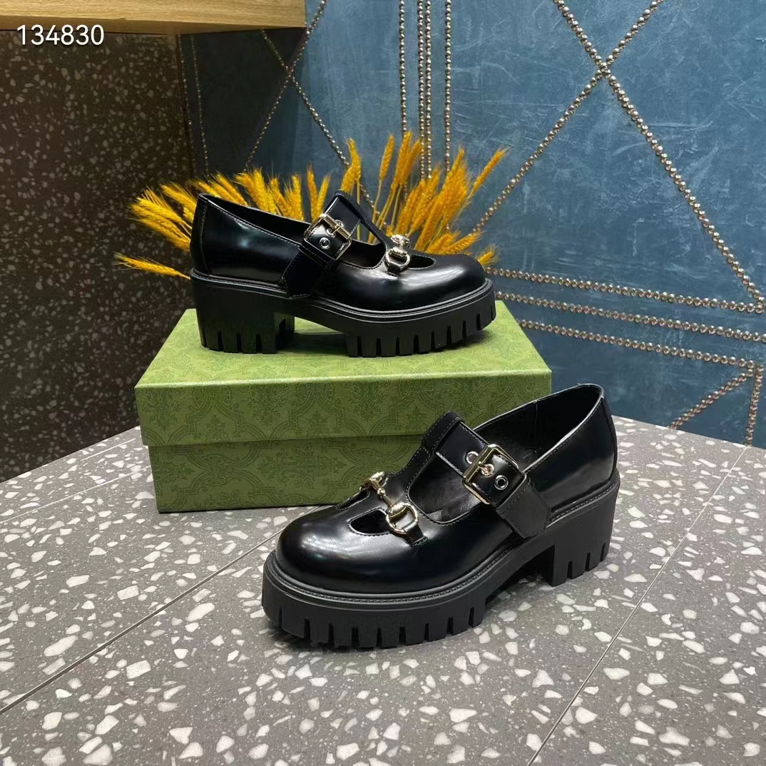 Gucci Women GG Loafer Horsebit Black Leather Rubber Lug Sole Low-Heel Ankle Buckle