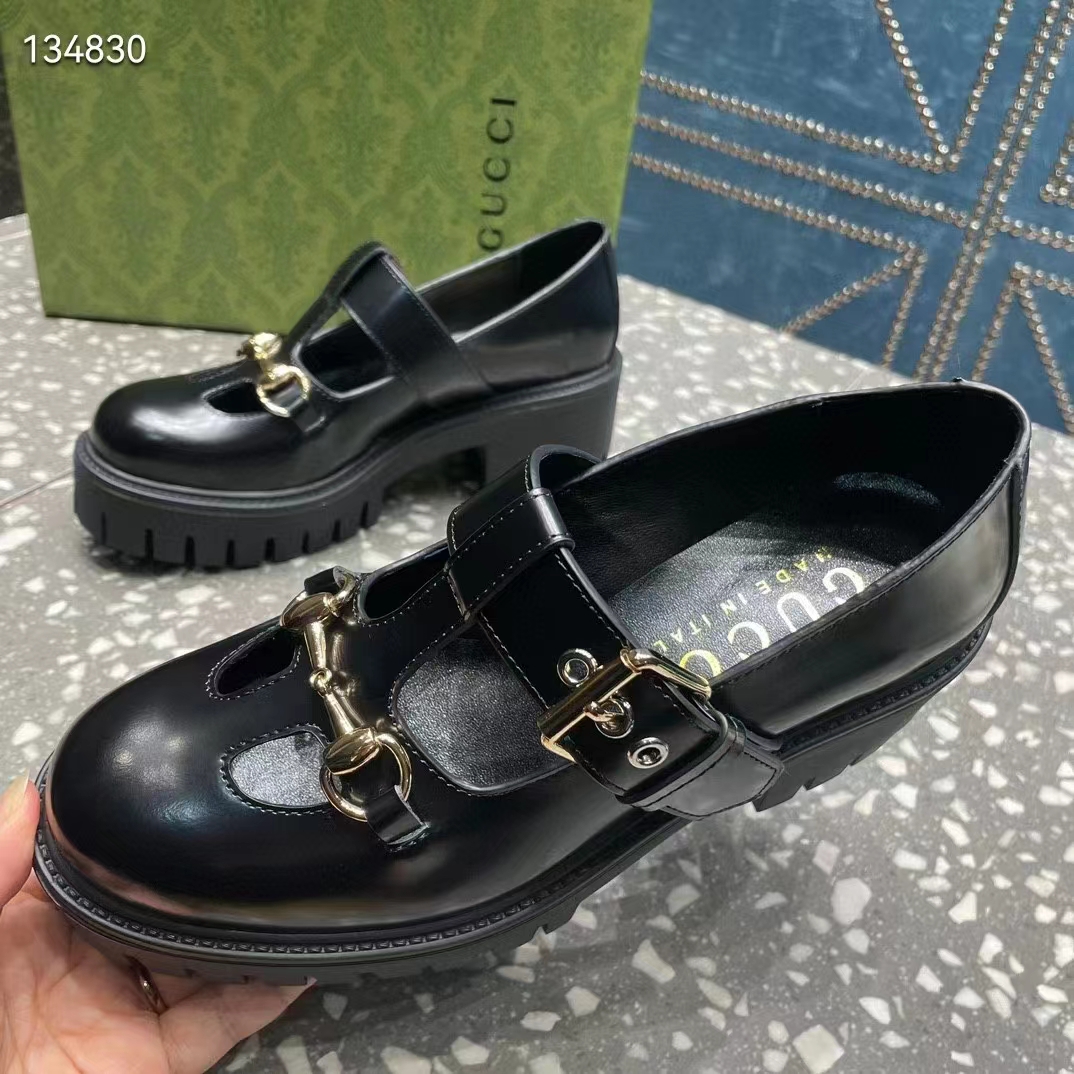 Gucci Women GG Loafer Horsebit Black Leather Rubber Lug Sole Low-Heel Ankle Buckle