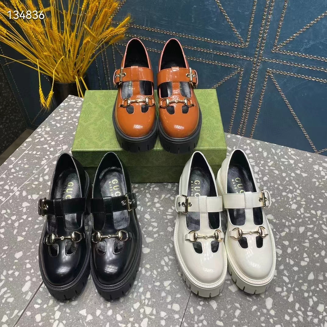 Gucci Women GG Loafer Horsebit Black Leather Rubber Lug Sole Low-Heel Ankle Buckle