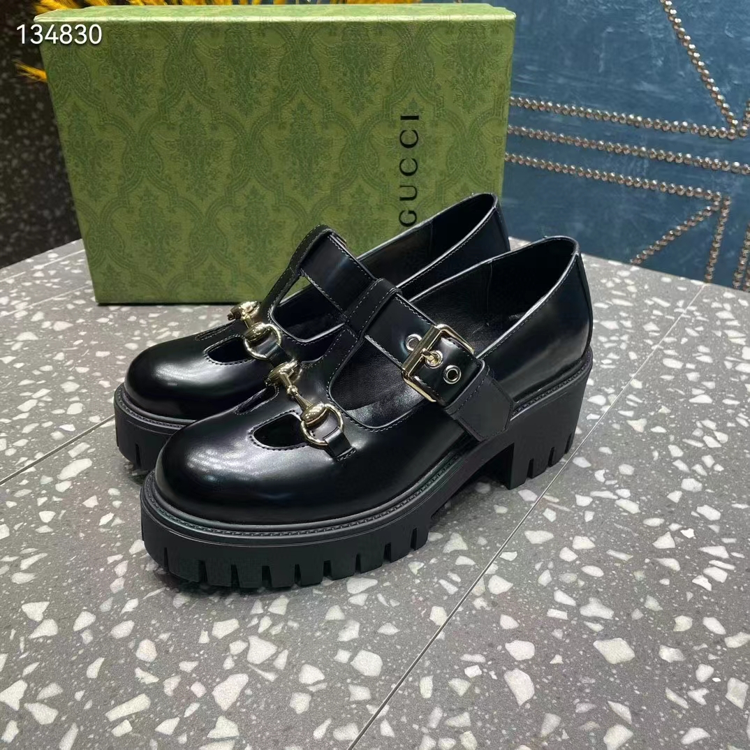 Gucci Women GG Loafer Horsebit Black Leather Rubber Lug Sole Low-Heel Ankle Buckle