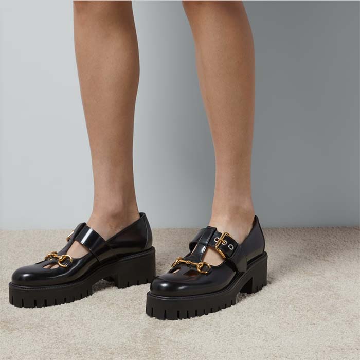Gucci Women GG Loafer Horsebit Black Leather Rubber Lug Sole Low-Heel Ankle Buckle