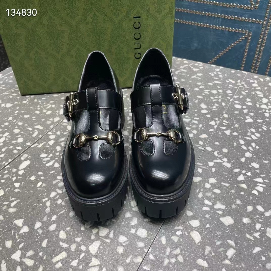 Gucci Women GG Loafer Horsebit Black Leather Rubber Lug Sole Low-Heel Ankle Buckle