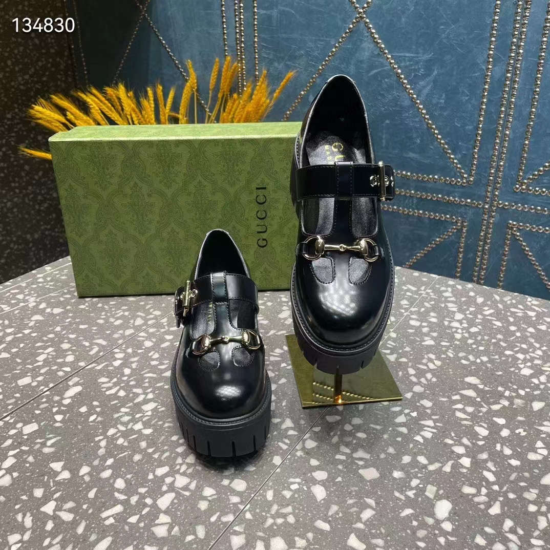 Gucci Women GG Loafer Horsebit Black Leather Rubber Lug Sole Low-Heel Ankle Buckle