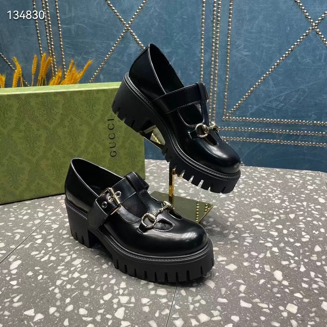 Gucci Women GG Loafer Horsebit Black Leather Rubber Lug Sole Low-Heel Ankle Buckle