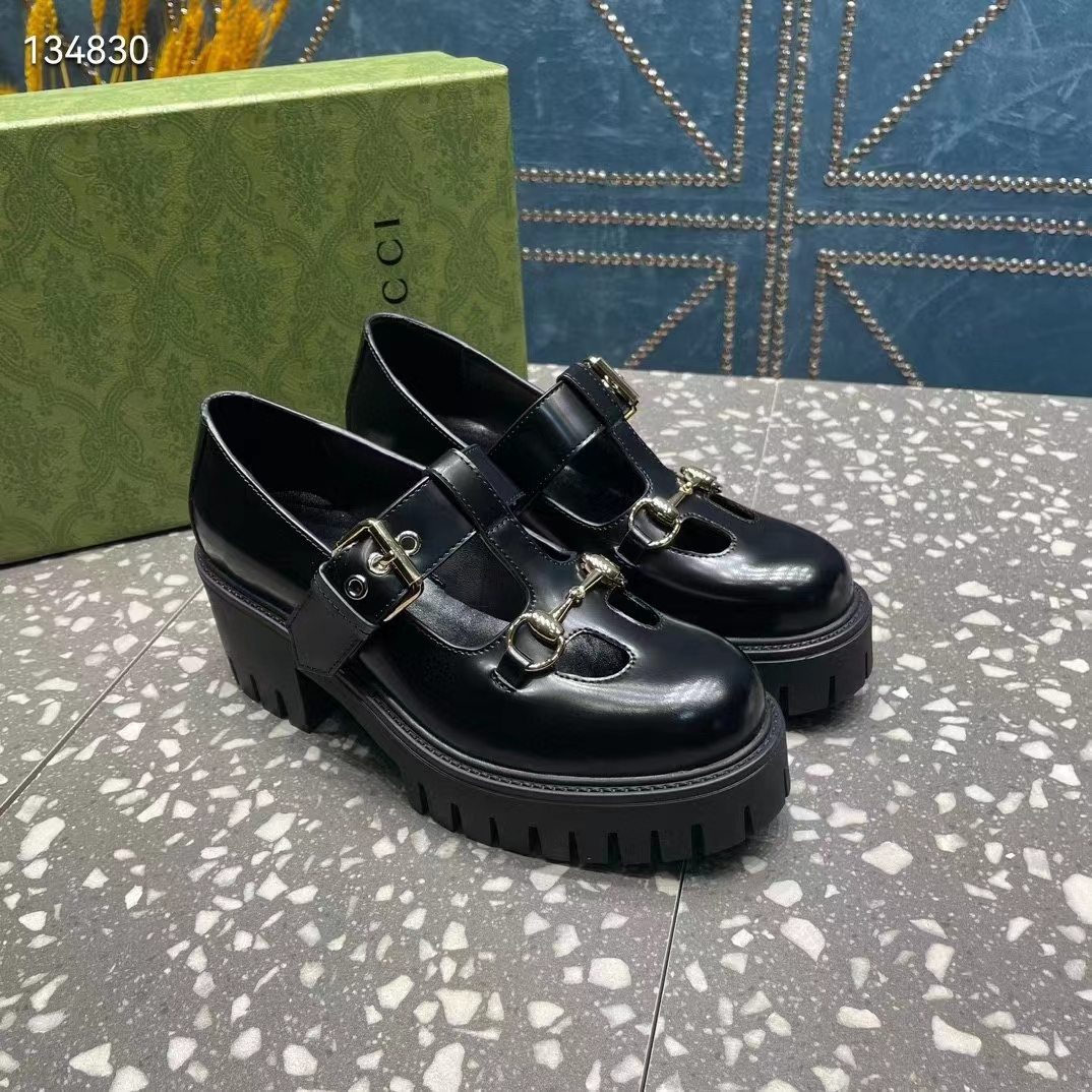 Gucci Women GG Loafer Horsebit Black Leather Rubber Lug Sole Low-Heel Ankle Buckle