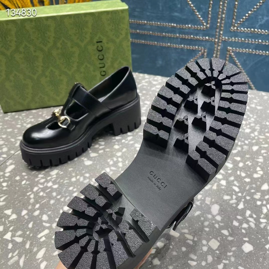 Gucci Women GG Loafer Horsebit Black Leather Rubber Lug Sole Low-Heel Ankle Buckle