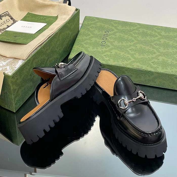 Gucci Women GG Mule Horsebit Black Leather Rubber Lug Sole Flat
