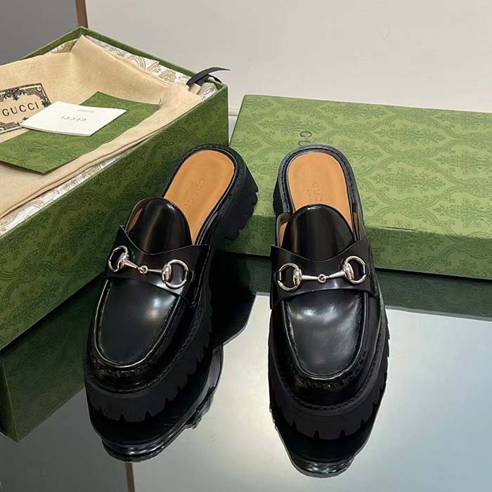 Gucci Women GG Mule Horsebit Black Leather Rubber Lug Sole Flat