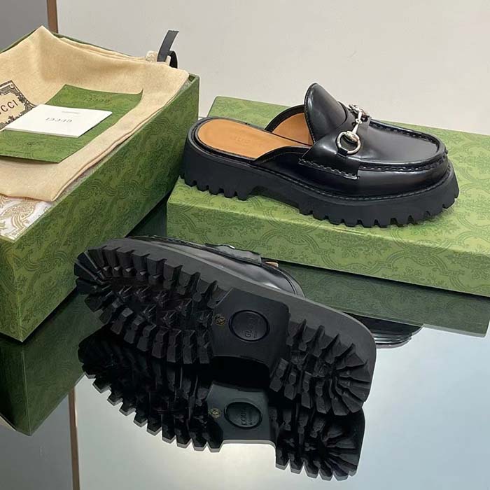 Gucci Women GG Mule Horsebit Black Leather Rubber Lug Sole Flat