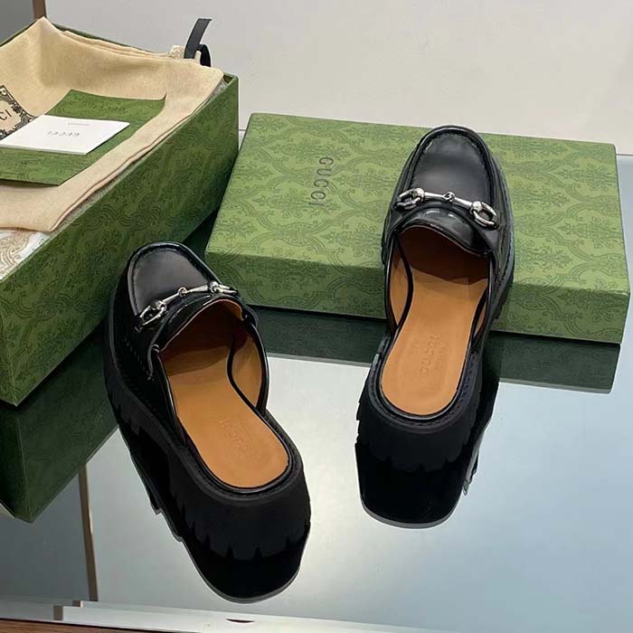 Gucci Women GG Mule Horsebit Black Leather Rubber Lug Sole Flat
