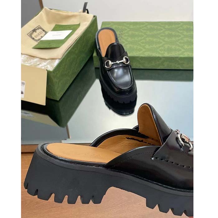 Gucci Women GG Mule Horsebit Black Leather Rubber Lug Sole Flat