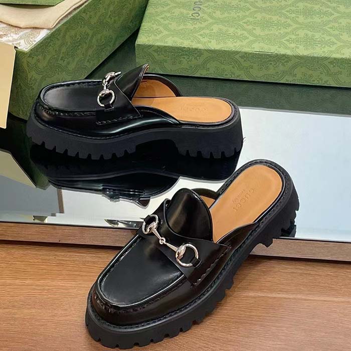 Gucci Women GG Mule Horsebit Black Leather Rubber Lug Sole Flat