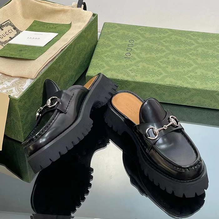 Gucci Women GG Mule Horsebit Black Leather Rubber Lug Sole Flat