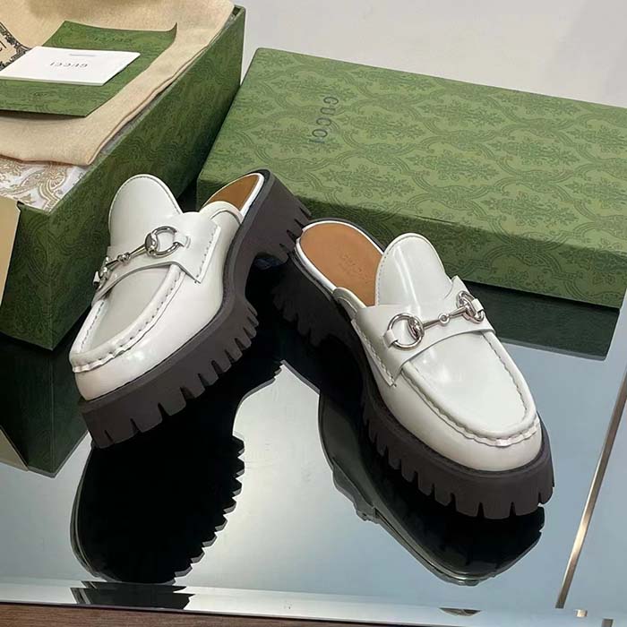 Gucci Women GG Mule Horsebit White Leather Rubber Lug Sole Flat