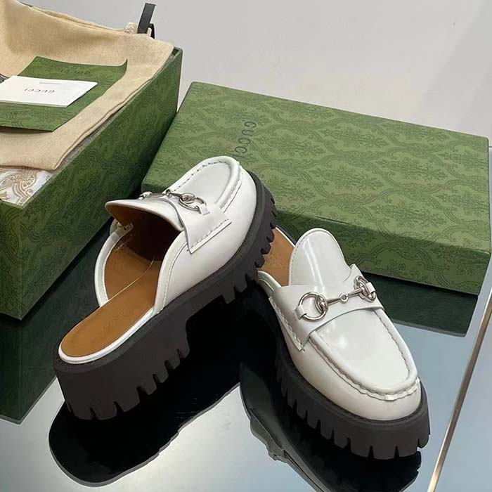 Gucci Women GG Mule Horsebit White Leather Rubber Lug Sole Flat