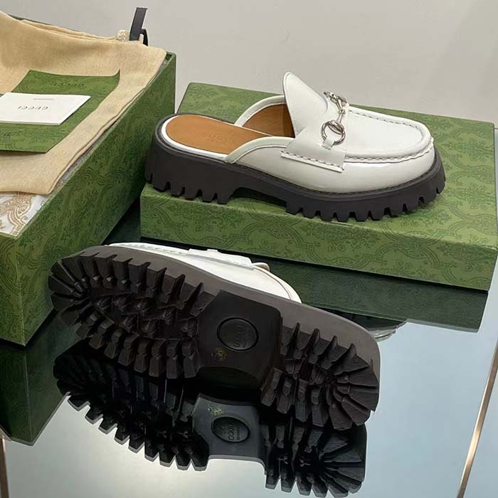 Gucci Women GG Mule Horsebit White Leather Rubber Lug Sole Flat