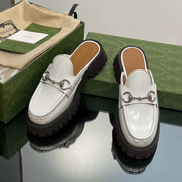 Gucci Women GG Mule Horsebit White Leather Rubber Lug Sole Flat