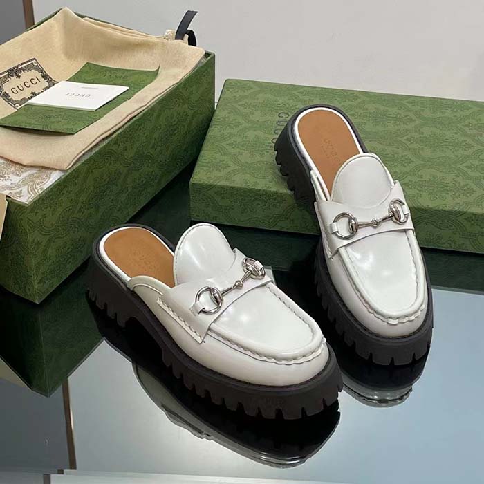 Gucci Women GG Mule Horsebit White Leather Rubber Lug Sole Flat