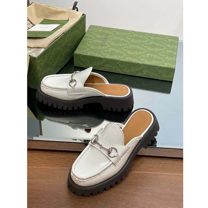 Gucci Women GG Mule Horsebit White Leather Rubber Lug Sole Flat