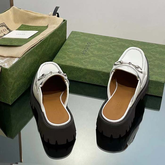 Gucci Women GG Mule Horsebit White Leather Rubber Lug Sole Flat