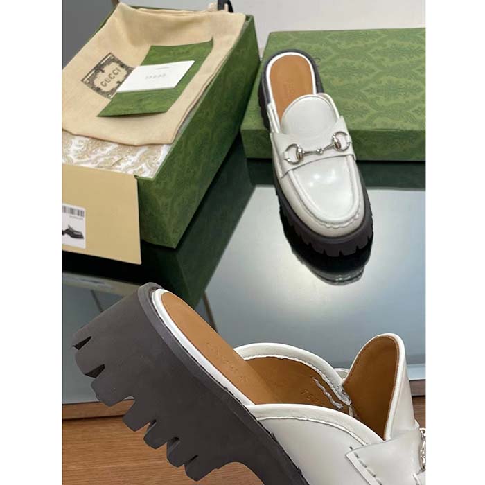 Gucci Women GG Mule Horsebit White Leather Rubber Lug Sole Flat