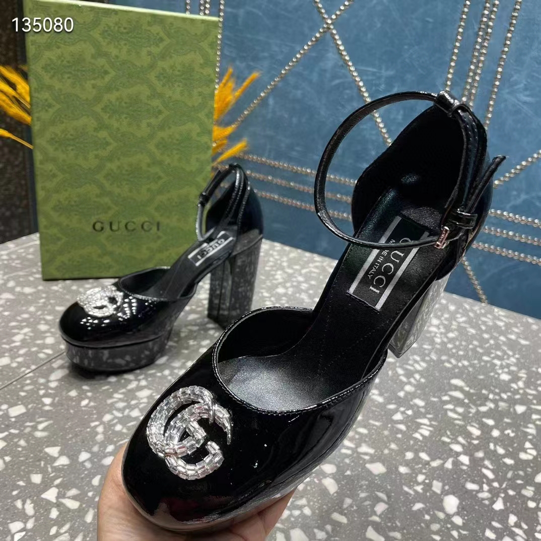 Gucci Women GG Platform Pump Double G Black Patent Leather Crystals High Heel
