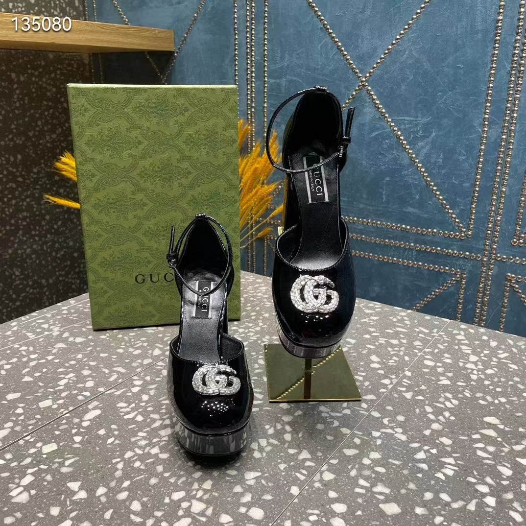 Gucci Women GG Platform Pump Double G Black Patent Leather Crystals High Heel