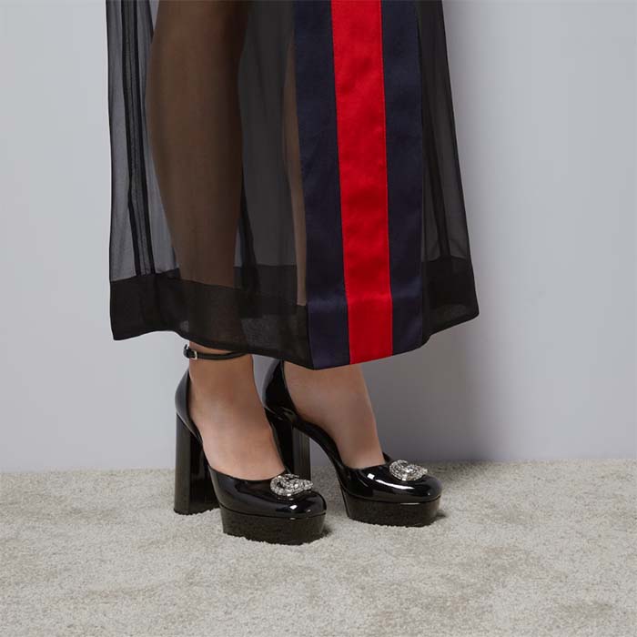 Gucci Women GG Platform Pump Double G Black Patent Leather Crystals High Heel
