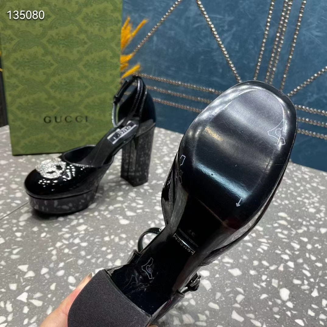 Gucci Women GG Platform Pump Double G Black Patent Leather Crystals High Heel