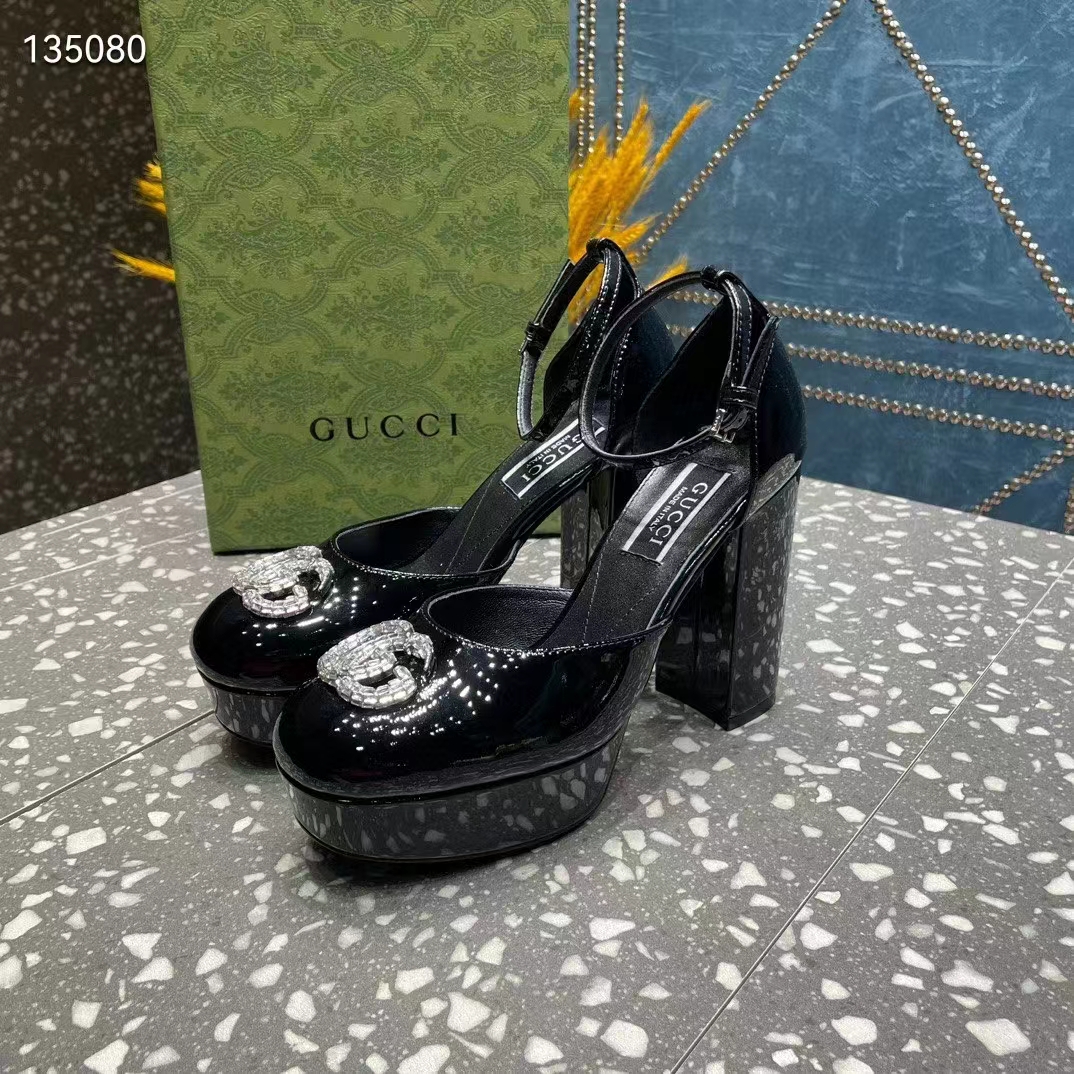 Gucci Women GG Platform Pump Double G Black Patent Leather Crystals High Heel