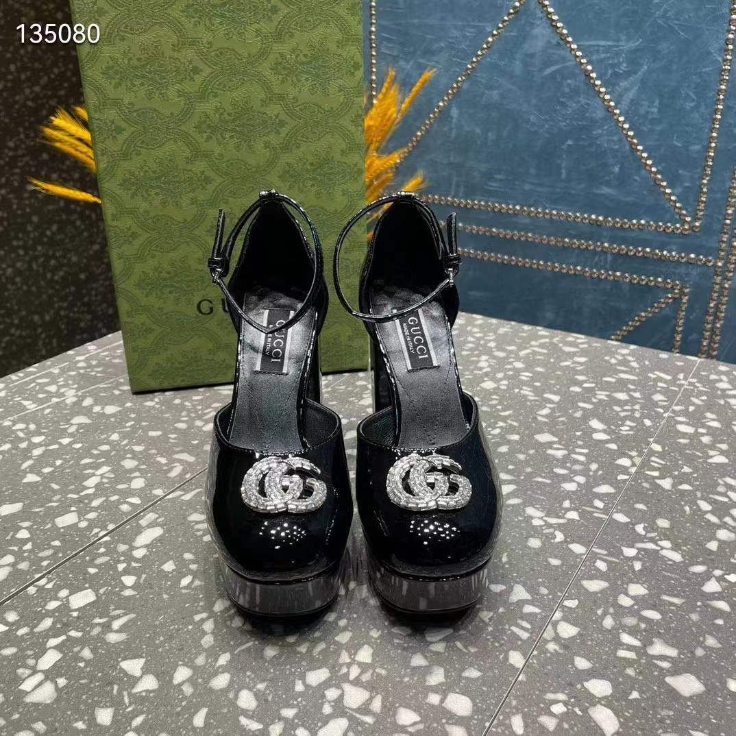 Gucci Women GG Platform Pump Double G Black Patent Leather Crystals High Heel