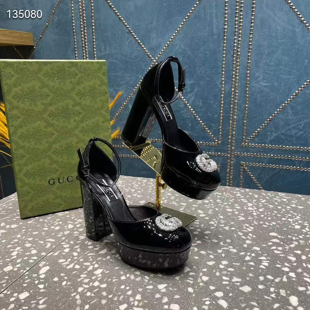 Gucci Women GG Platform Pump Double G Black Patent Leather Crystals High Heel