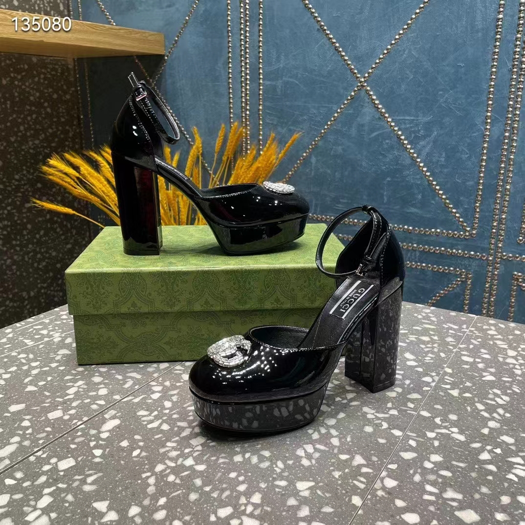 Gucci Women GG Platform Pump Double G Black Patent Leather Crystals High Heel