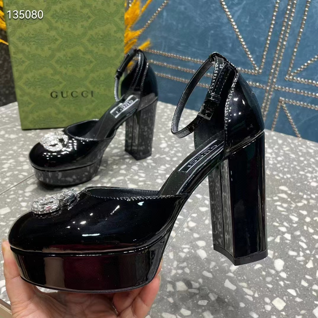 Gucci Women GG Platform Pump Double G Black Patent Leather Crystals High Heel