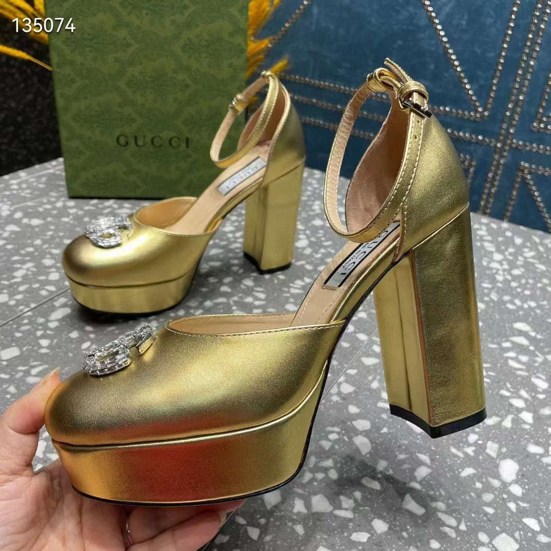 Gucci Women GG Platform Pump Double G Metallic Gold Patent Leather Crystals High Heel