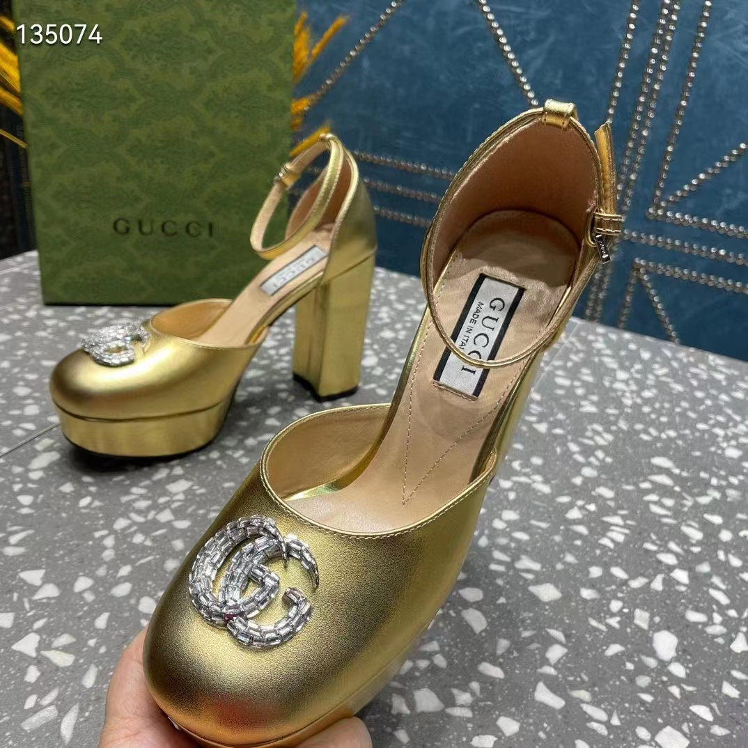 Gucci Women GG Platform Pump Double G Metallic Gold Patent Leather Crystals High Heel
