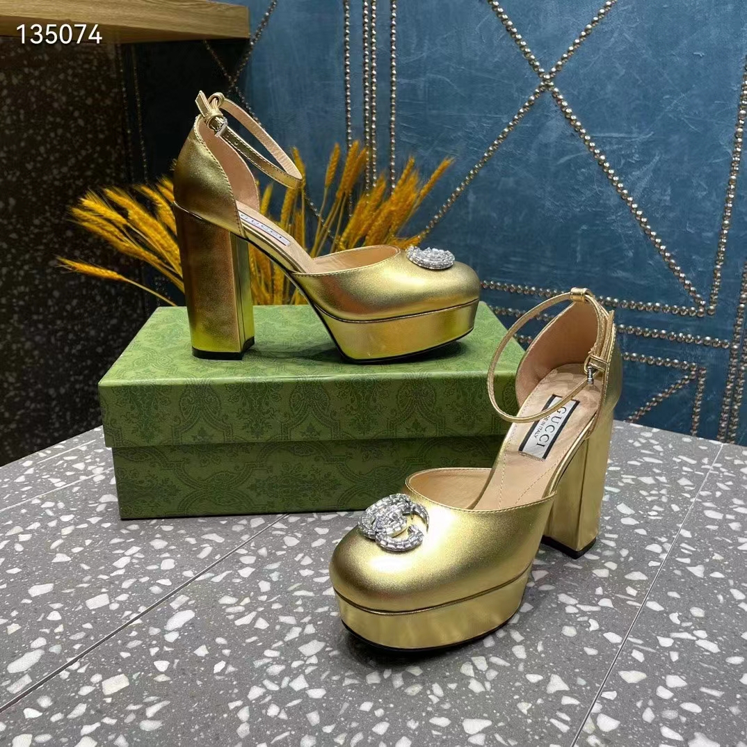 Gucci Women GG Platform Pump Double G Metallic Gold Patent Leather Crystals High Heel