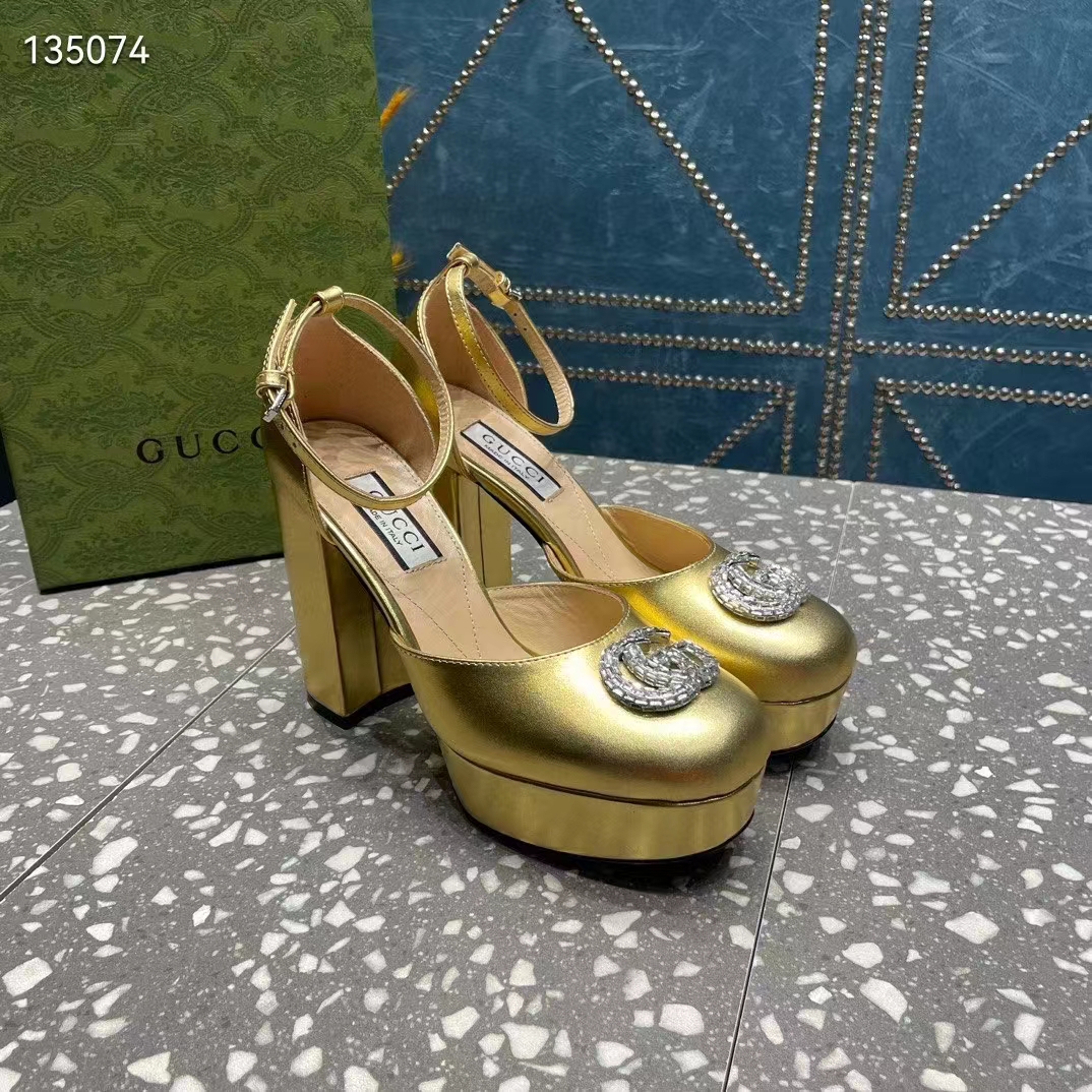 Gucci Women GG Platform Pump Double G Metallic Gold Patent Leather Crystals High Heel
