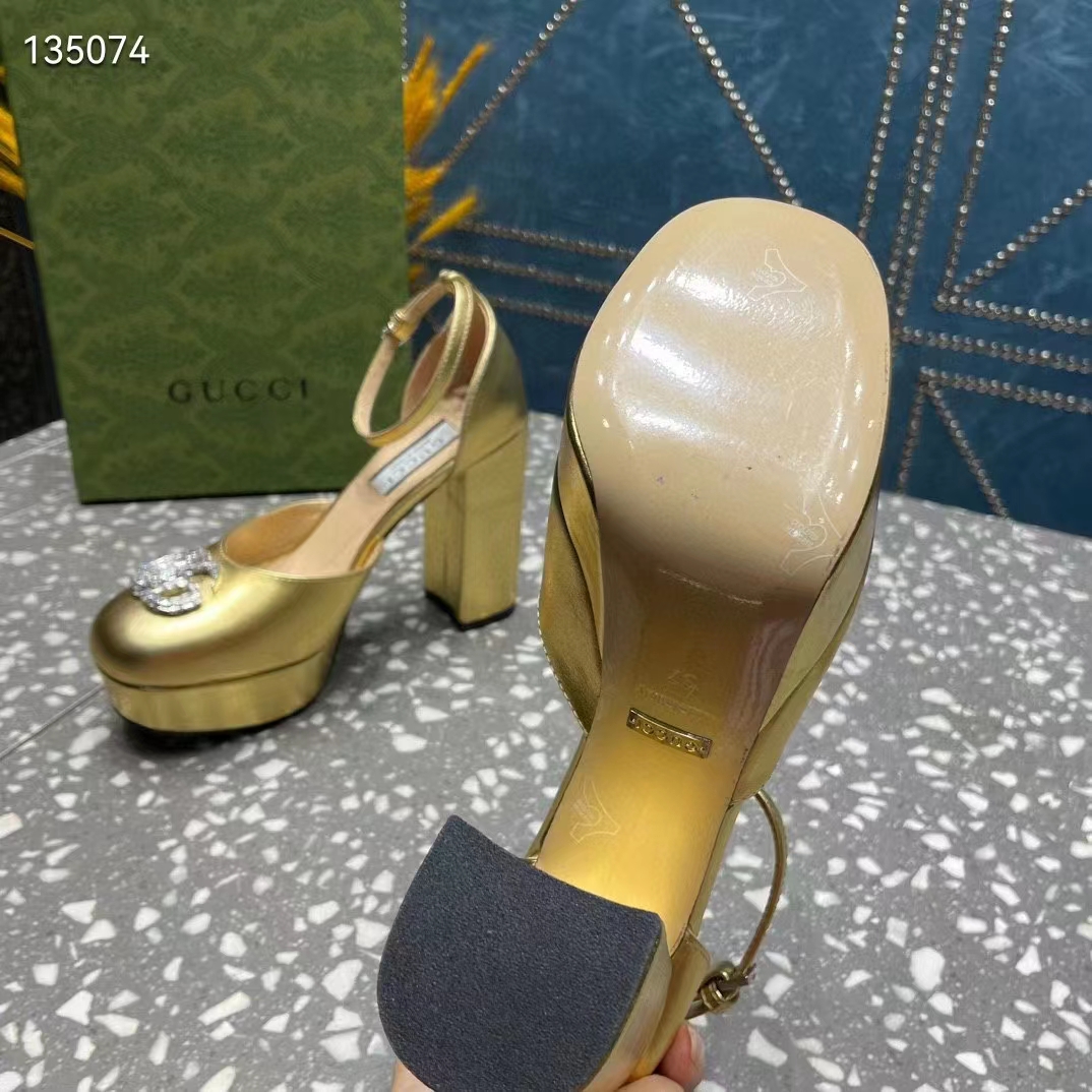 Gucci Women GG Platform Pump Double G Metallic Gold Patent Leather Crystals High Heel