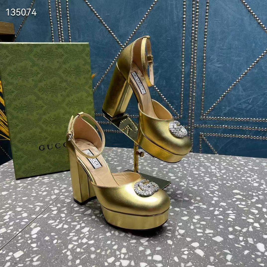 Gucci Women GG Platform Pump Double G Metallic Gold Patent Leather Crystals High Heel