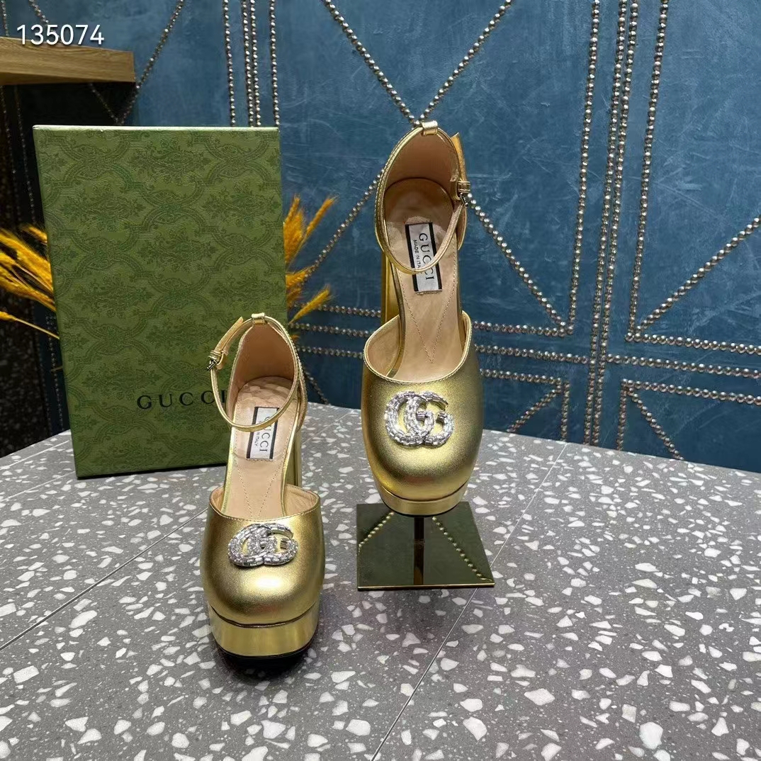 Gucci Women GG Platform Pump Double G Metallic Gold Patent Leather Crystals High Heel