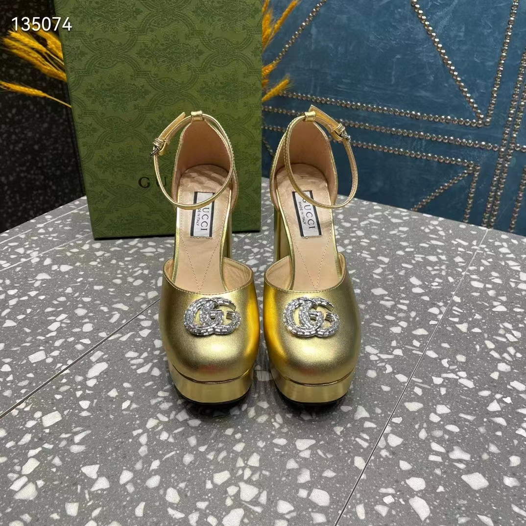 Gucci Women GG Platform Pump Double G Metallic Gold Patent Leather Crystals High Heel
