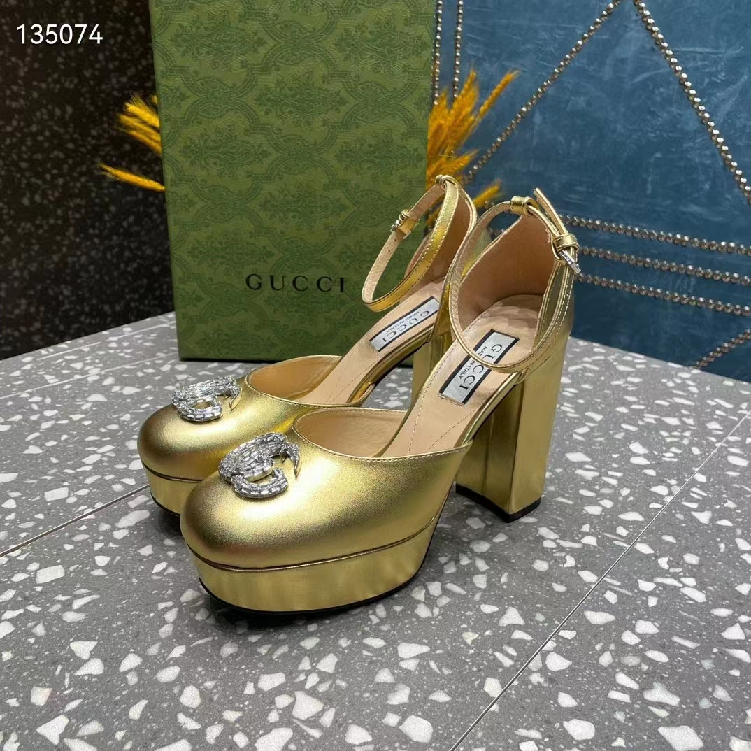 Gucci Women GG Platform Pump Double G Metallic Gold Patent Leather Crystals High Heel